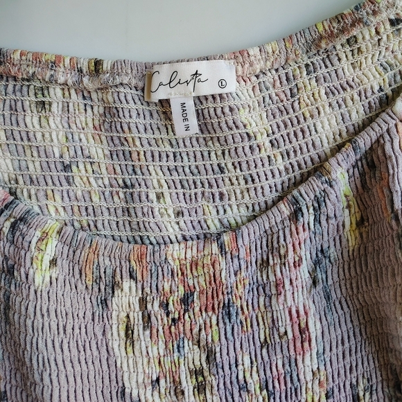 Calista lilac floral A-line knee-length puff sleeve dress, pockets,rayon, sz L. - Picture 12 of 16